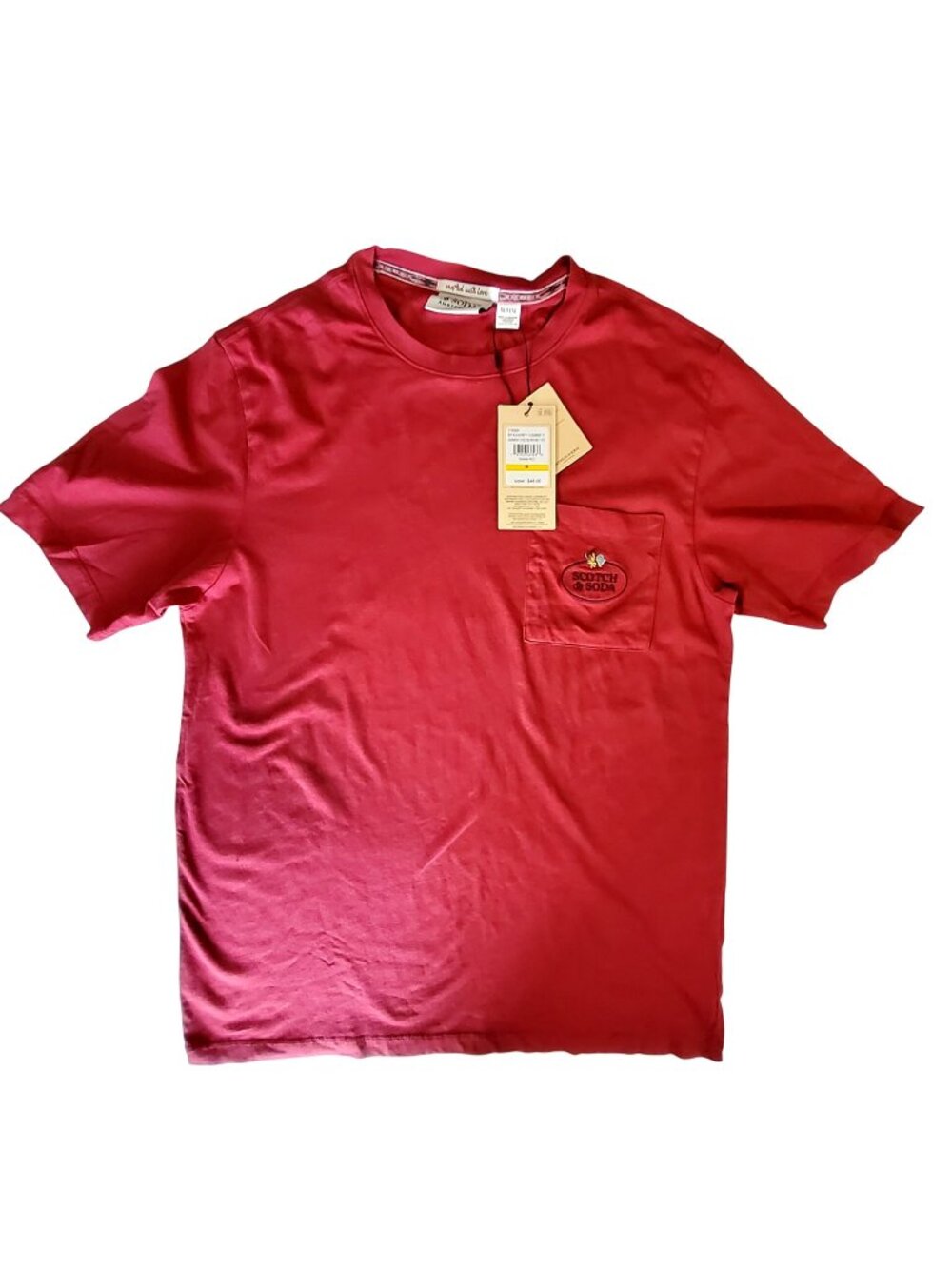 Scotch & Soda Mens Red Cotton T-Shirt Size M With Pocket Embroidered Logo Casual